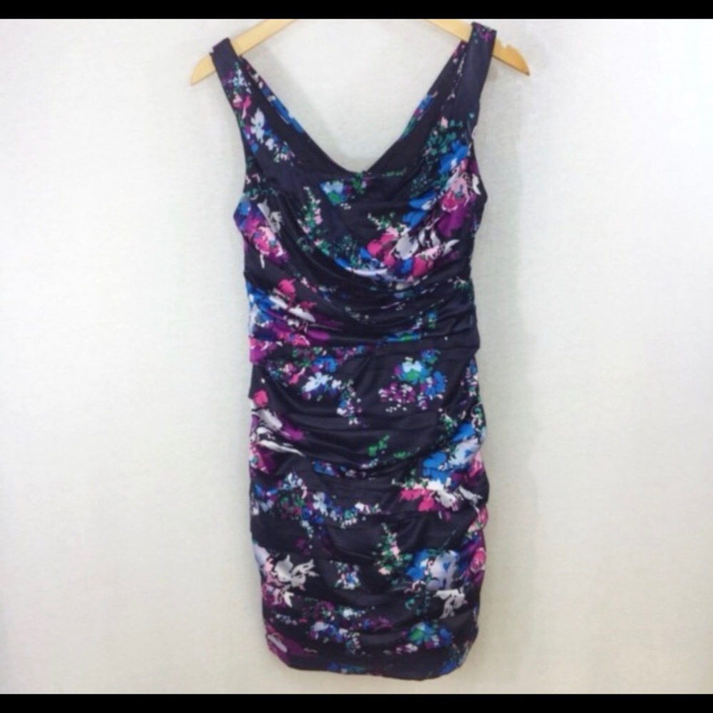 Express Floral Rouched Satin Dress - Size Small